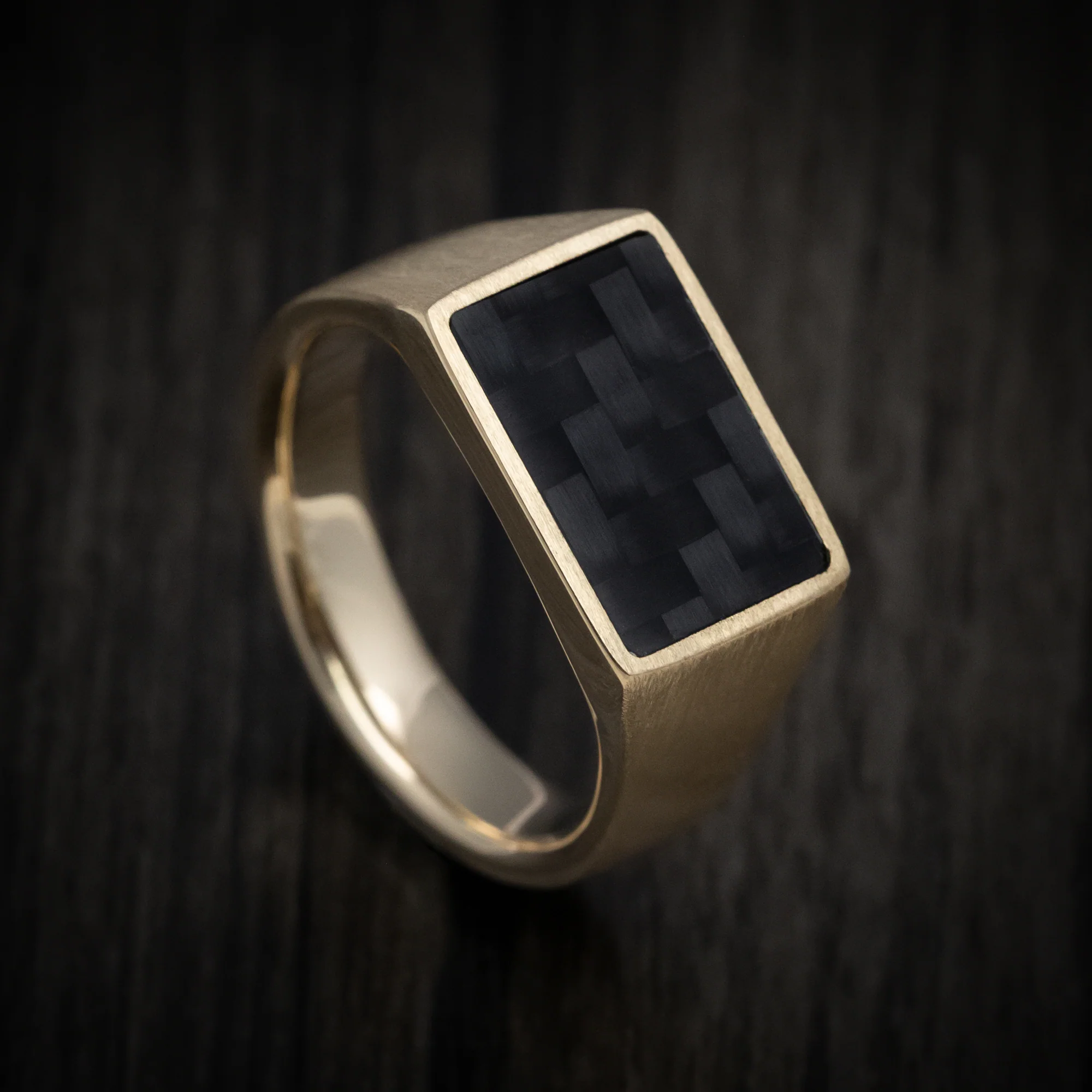 10K Gold Signet Ring with Supercar Ron Authentic Hypercar Carbon Fiber Inlay