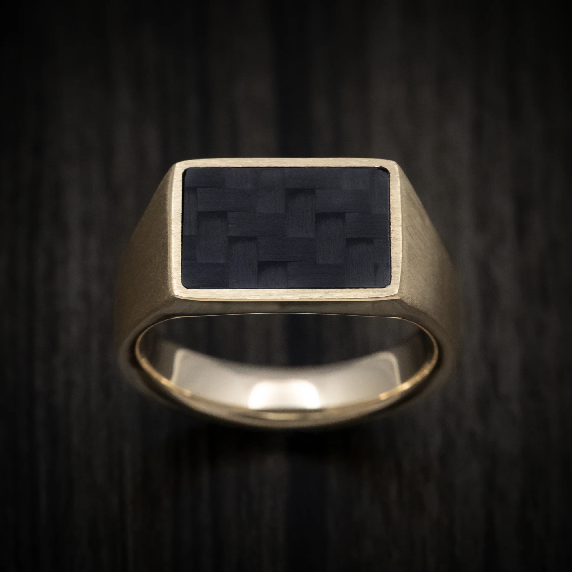 10K Gold Signet Ring with Supercar Ron Authentic Hypercar Carbon Fiber Inlay - Image 2