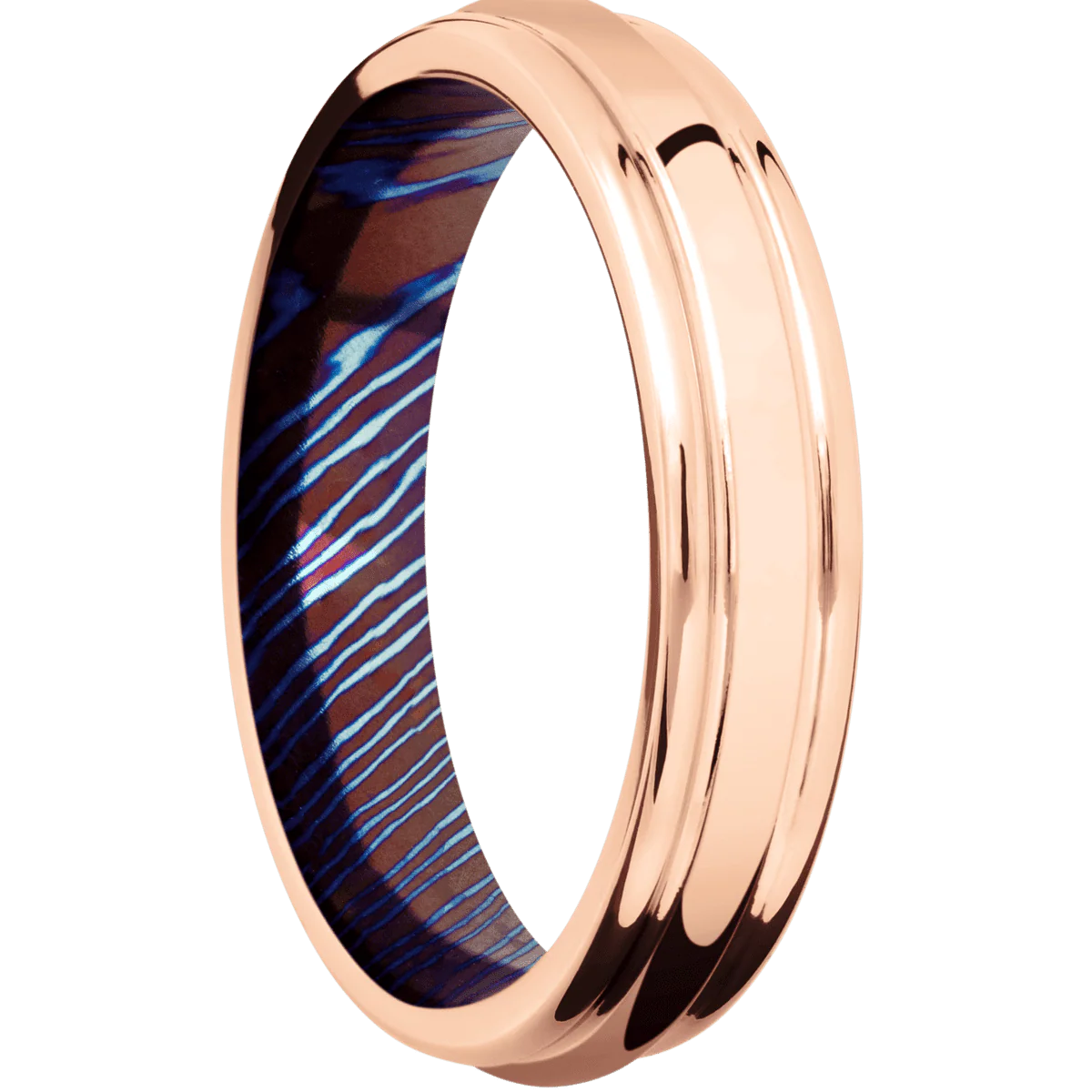 10K Rose Gold + Polish , Polish Finish + Titanium Damascus