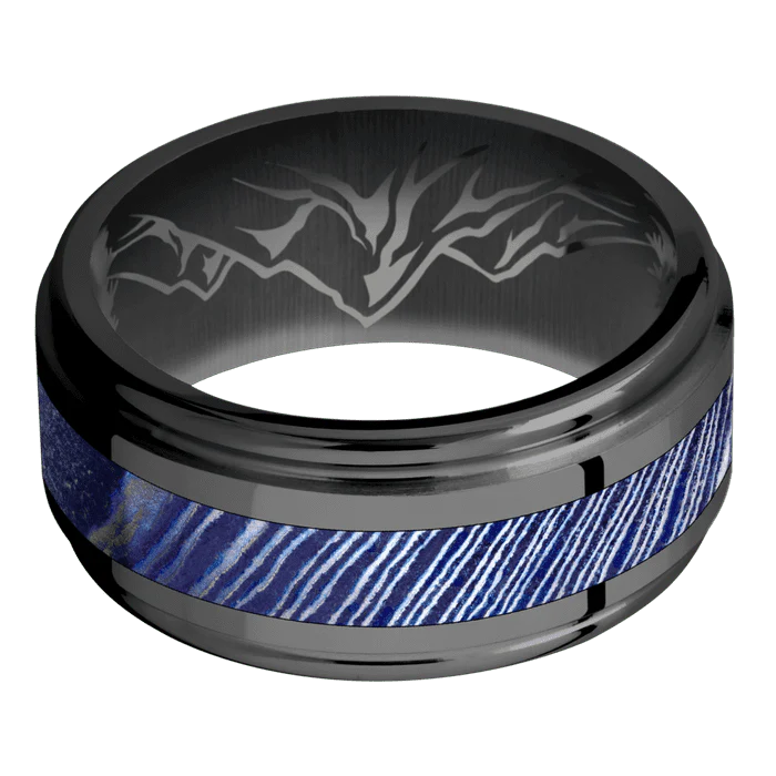 10mm wide Flat Rounded Edges Black Zirconium Ring with Polish Finish / One 4mm Centered Kuro-Ti Inlay with Satin Etched Kuro-Ti Finish / None Interior Pattern - Image 3