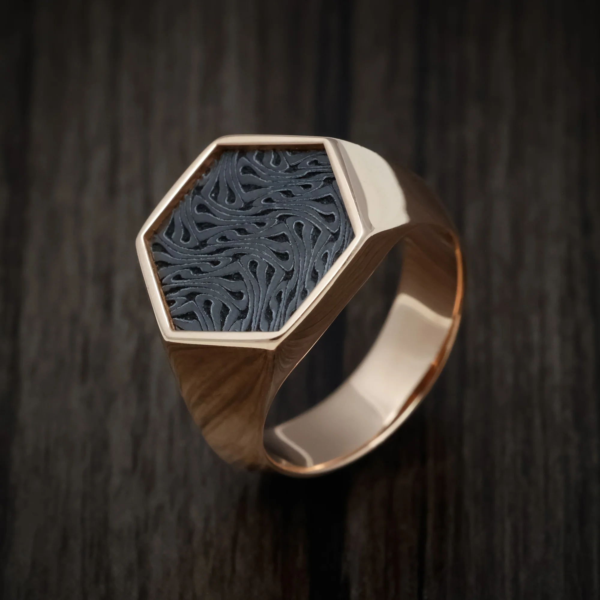 14K Rose Gold Large Signet Ring with Zirconium Design Pattern Inlay - Image 3