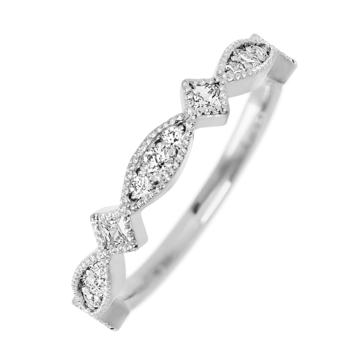 14K White Gold band with 7 Round, 6 Round and 4 Princess Lab Grown Diamond having TCW-.51