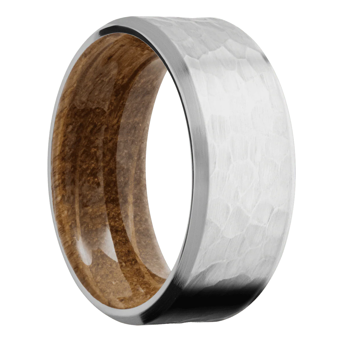 14K White Gold + Hammer , Satin Finish + Whiskey Barrel
