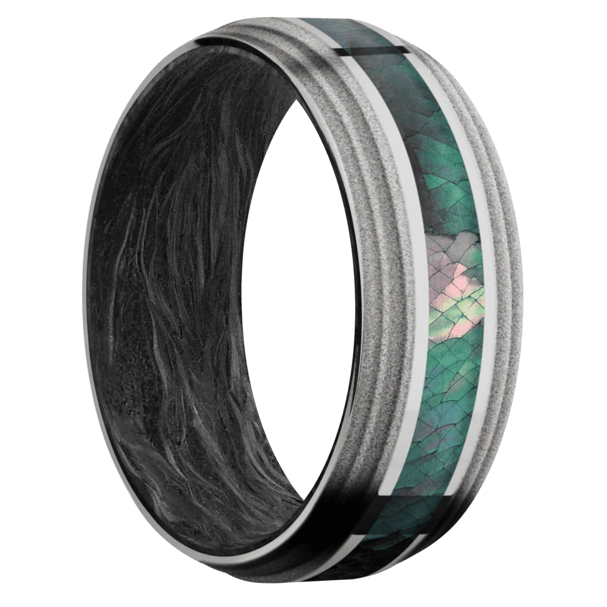 14K White Gold + Polish , Sand Finish + Forged Carbon Fiber