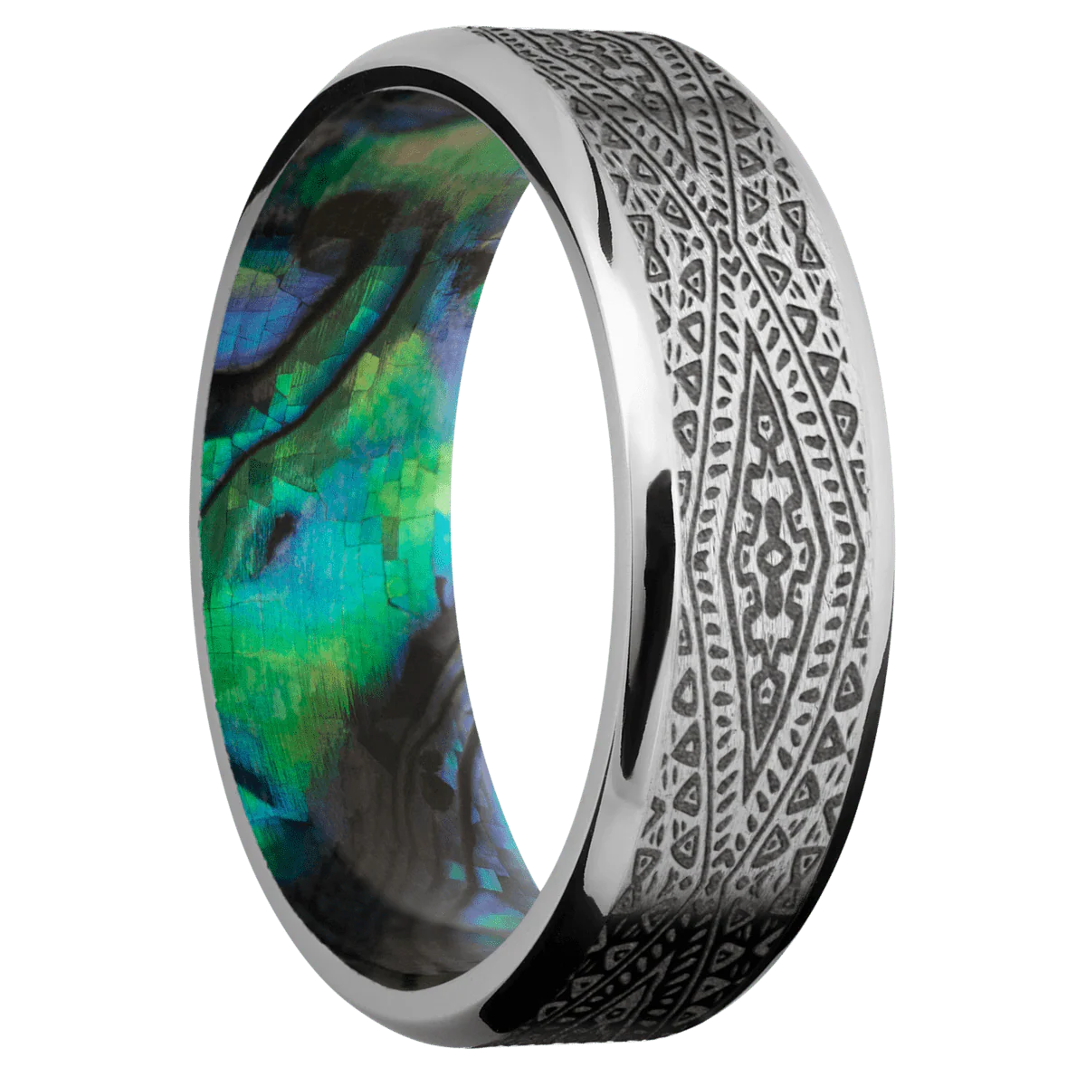 14K White Gold + Stone , Polish Finish + Abalone