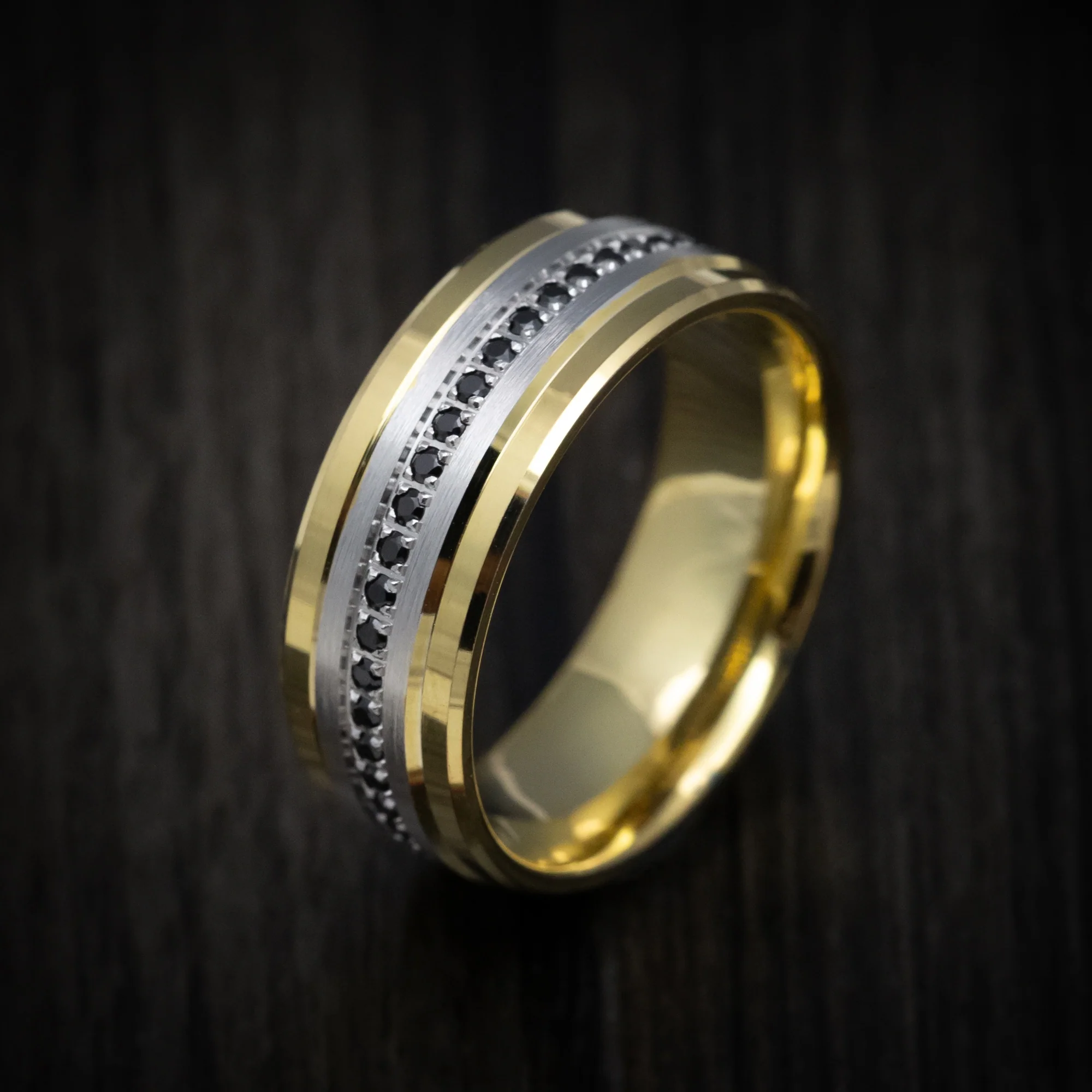 14K Yellow and White Gold Men's Ring with Black Diamonds - Image 3