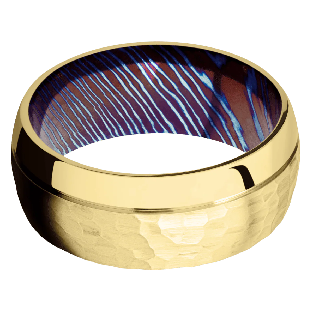 14K Yellow Gold + Hammer , Polish Finish + Titanium Damascus - Image 3