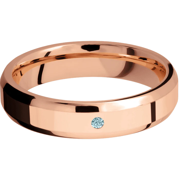 5mm wide Beveled 14k Rose Gold Ring with Polish Finish / 1 Round .03 carat Aqua Diamond Flush-Set Gemstones - Image 3