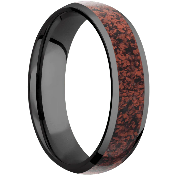 6mm wide Domed Black Titanium Ring with Polish Finish / One 4mm Centered Red Dinosaur Bone Inlay - Image 2