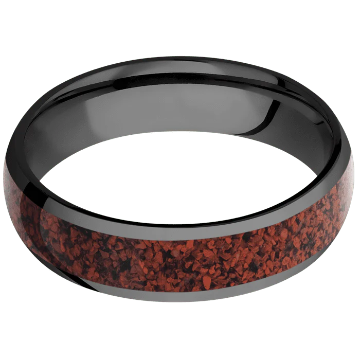 6mm wide Domed Black Titanium Ring with Polish Finish / One 4mm Centered Red Dinosaur Bone Inlay - Image 3