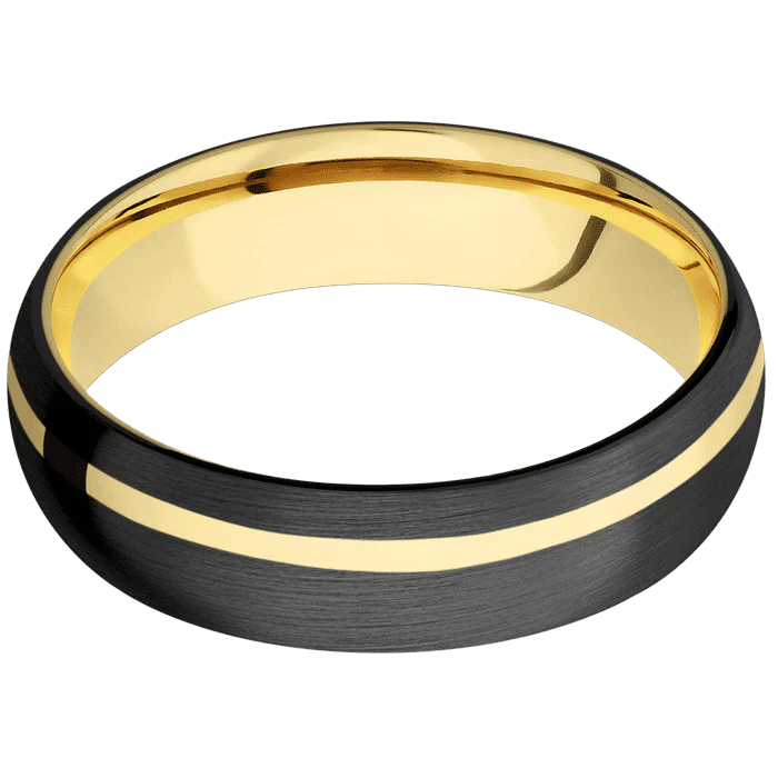 6mm wide Domed Black Zirconium Ring with Satin Finish / One 1mm Off Center 14k Yellow Gold Inlay with Polish Finish / 14k Yellow Gold Sleeve - Image 3