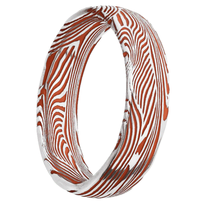 6mm wide Domed Sunset Damascus Steel Ring with Polish Kuro Damascus Finish / Hunter Orange Cerakote Cerakote Grooves - Image 2
