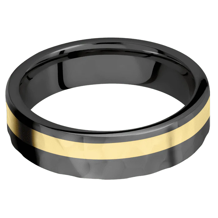 6mm wide Flat Black Titanium Ring with Rock Polish Finish / One 2mm Off Center 18k Yellow Gold Inlay - Image 3