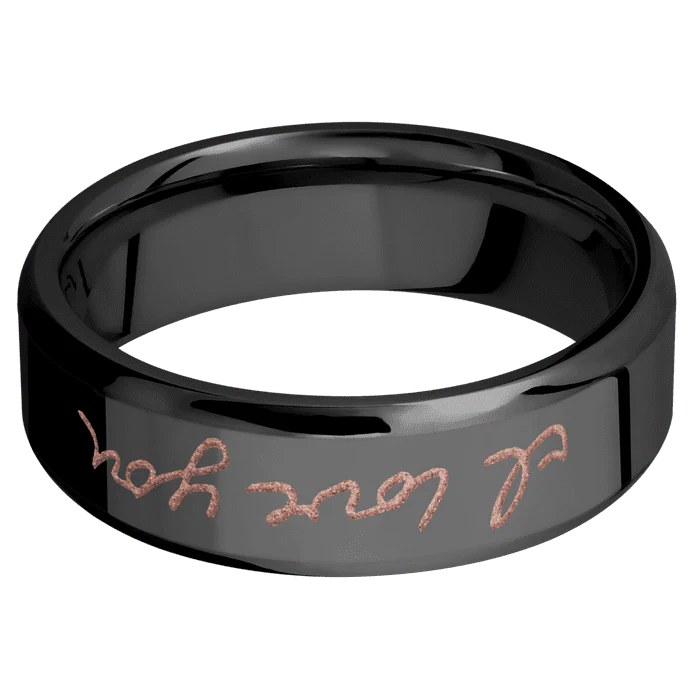 7mm wide Beveled Black Titanium Ring with Polish Finish / Hand Writing Design and Rose Gold Cerakote Accents - Image 3