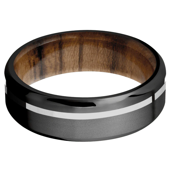 7mm wide Beveled Black Zirconium Ring with Bead Blast Finish / One 1mm Off Center Palladium Silver Inlay with Polish Finish / Teak Sleeve - Image 3