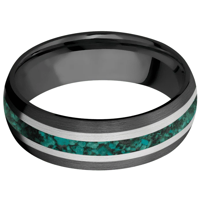 7mm wide Domed Black Titanium Ring with Satin Finish / One 4mm Centered Palladium Silver Inlay with Satin Finish / One 2mm Centered Chrysocolla Inlay - Image 3