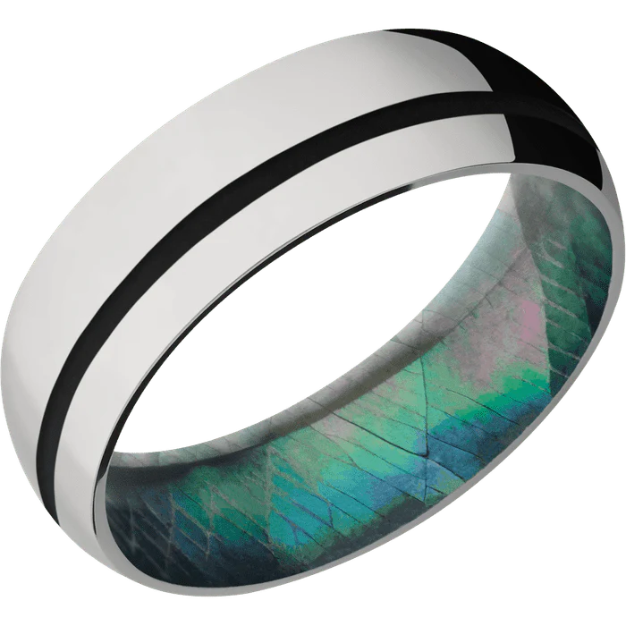 7mm wide Domed Titanium Ring with Polish Finish / One 1mm Off Center Black Cerakote Inlay / Black Mother of Pearl Sleeve