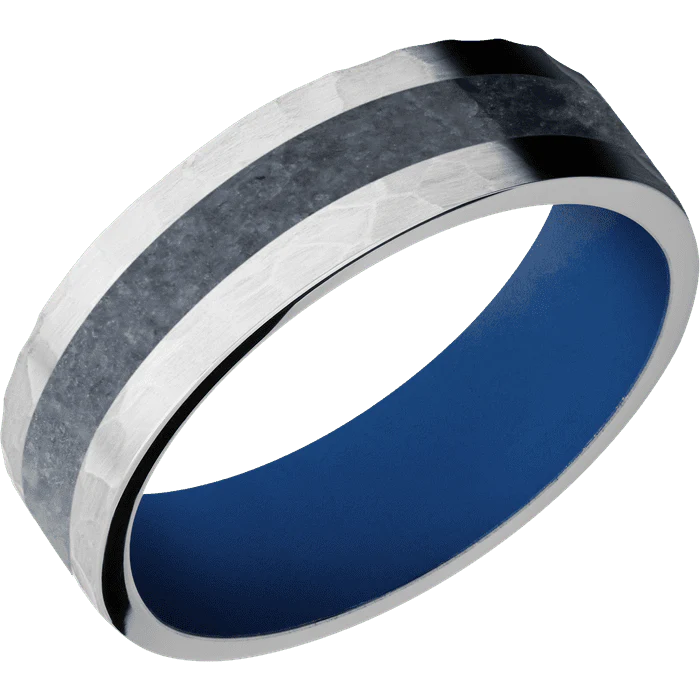7mm wide Flat Cobalt Chrome Ring with Hammer Finish / One 3mm Centered Blue Sapphire Inlay / Royal Blue Cerakote Sleeve