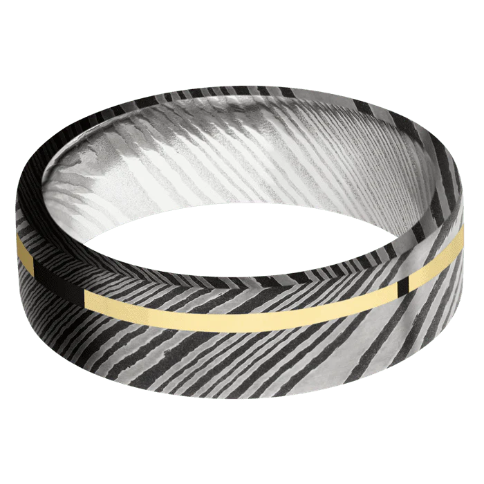 7mm wide Flat Damascus Steel Ring with Acid Damascus Finish / One 1mm Off Center 14k Yellow Gold Inlay with Polish Finish - Image 3