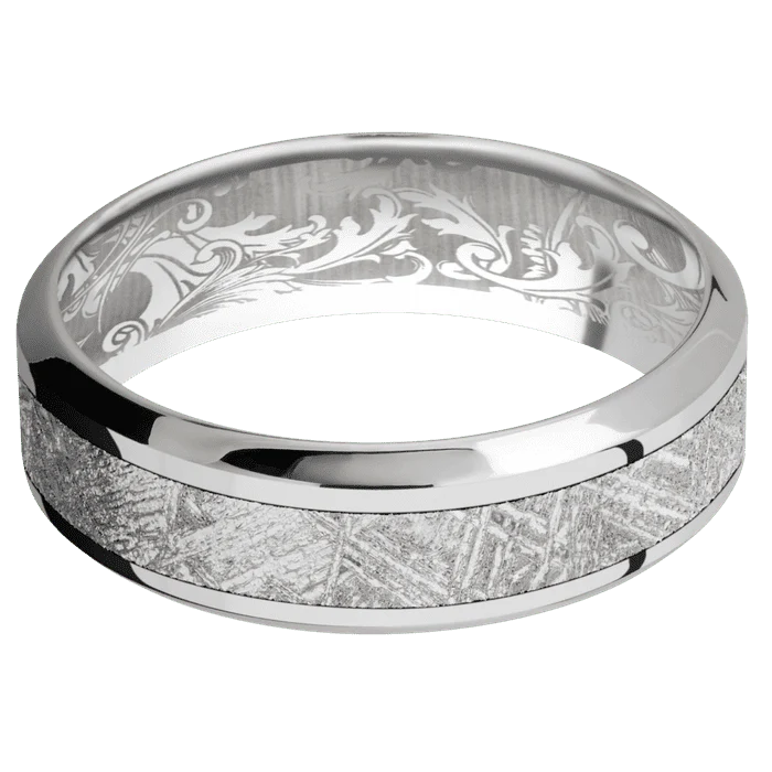 7mm wide High Bevel 18k White Gold Ring with Polish Finish / One 3mm Centered Meteorite Inlay / None Interior Pattern - Image 3