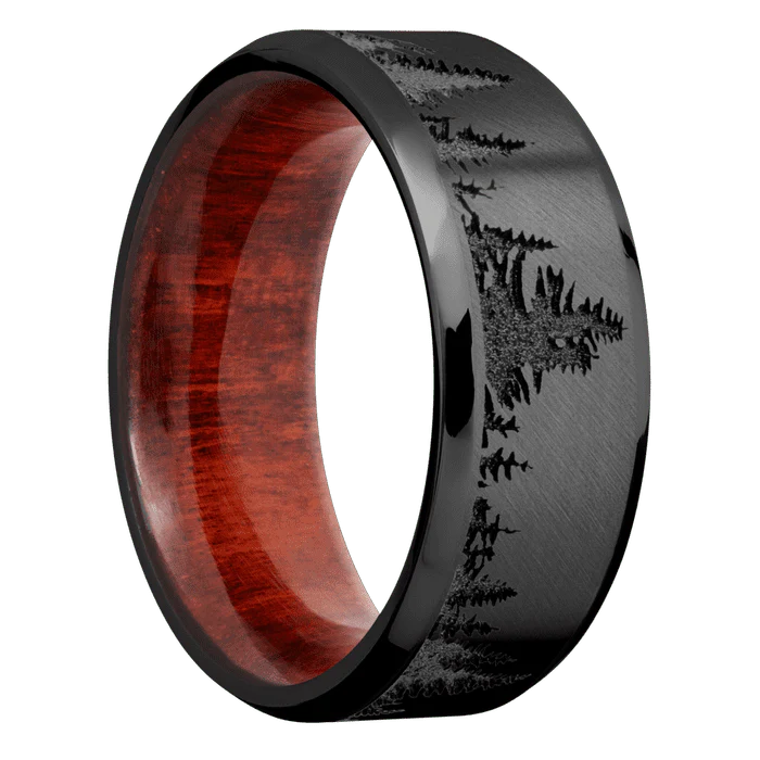 8mm wide Beveled Black Titanium Ring with Angle Satin Finish / Trees Design / Red Heart Sleeve - Image 2