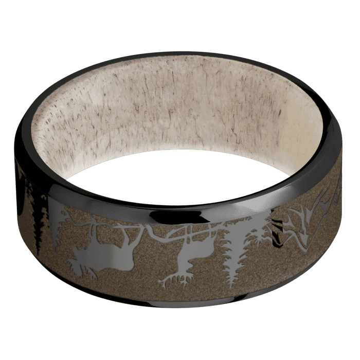 8mm wide Beveled Black Titanium Ring with Polish Finish / Bear Moose Deer Mountain Design and Burnt Bronze Cerakote Accents / Antler Sleeve - Image 3