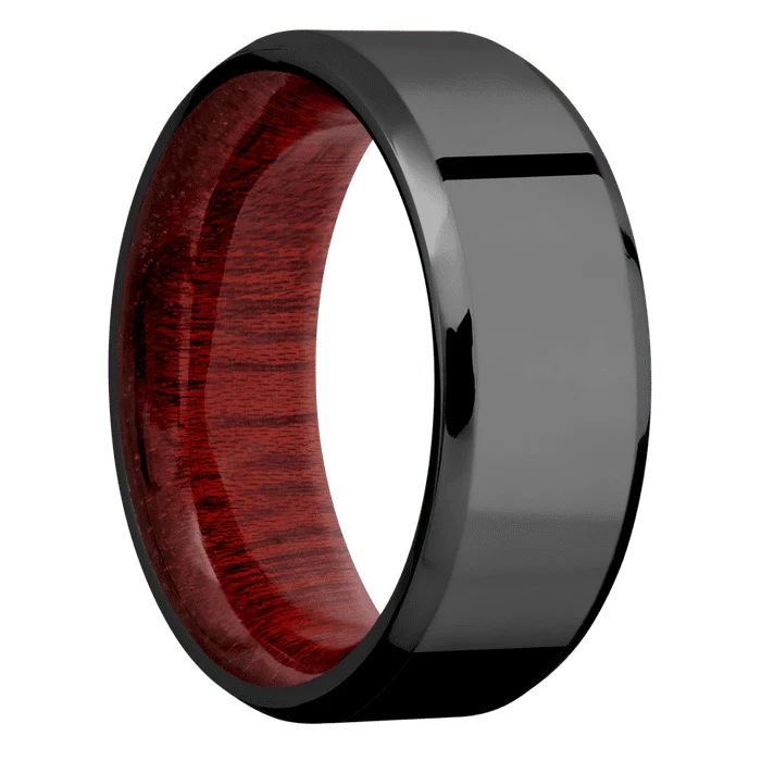 8mm wide Beveled Black Titanium Ring with Polish Finish / Blood Wood Sleeve - Image 2