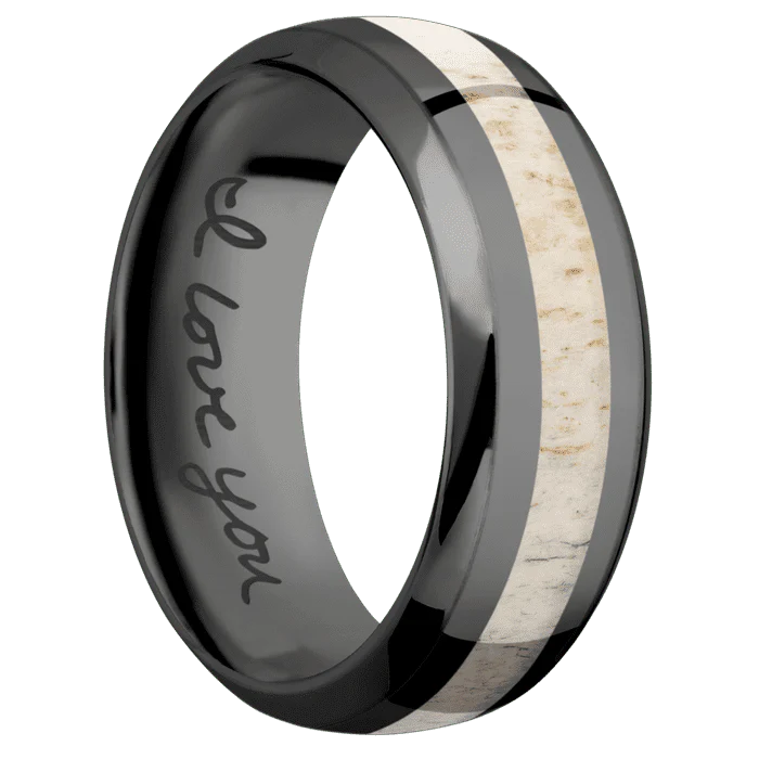 8mm wide Domed Bevel Black Titanium Ring with Polish Finish / One 3mm Centered Antler Inlay / None Interior Pattern - Image 2