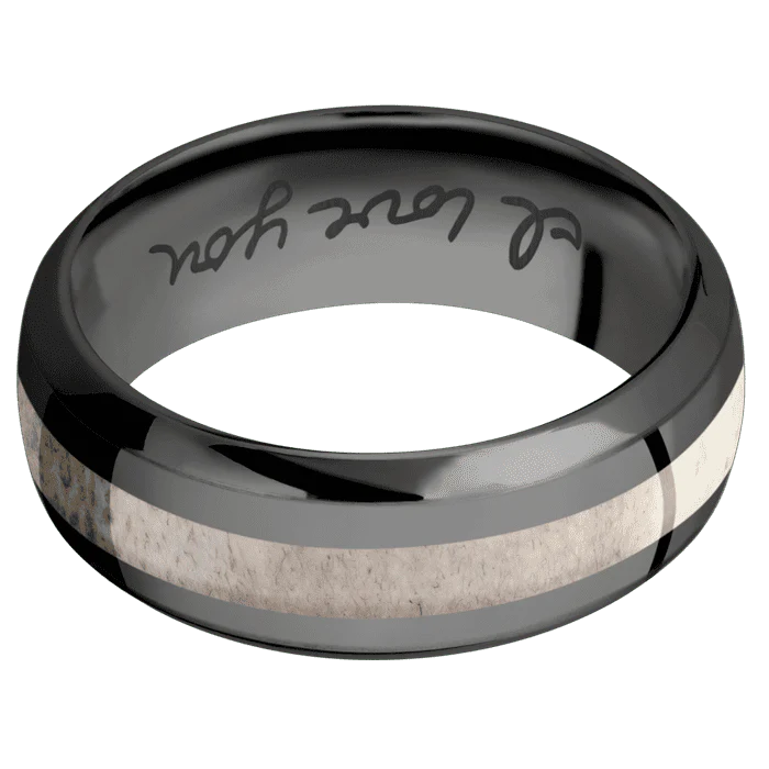 8mm wide Domed Bevel Black Titanium Ring with Polish Finish / One 3mm Centered Antler Inlay / None Interior Pattern - Image 3