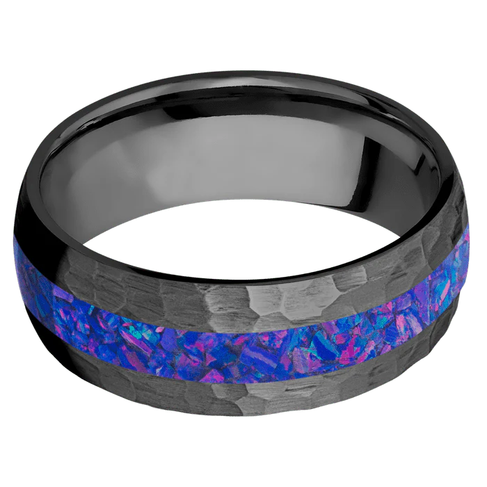 8mm wide Domed Black Titanium Ring with Hammer Finish / One 3mm Centered Purple Opal Inlay - Image 3