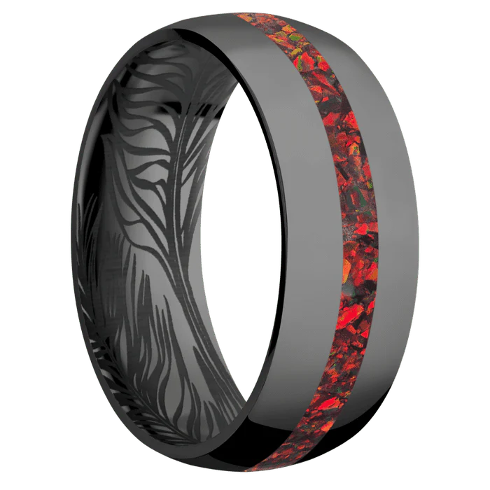 8mm wide Domed Black Zirconium Ring with Polish Finish / One 2mm Centered Ruby Red Opal Inlay / None Interior Pattern - Image 2