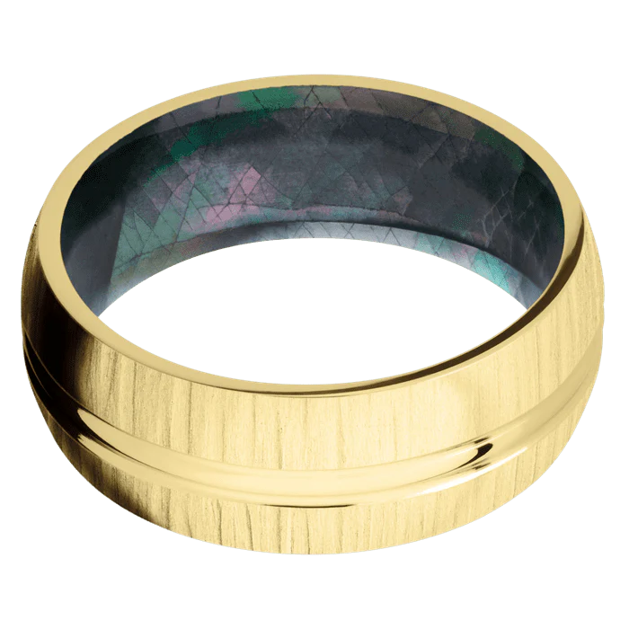 8mm wide Domed Center Round 14k Yellow Gold Ring with Treebark 1 Finish / Black Mother of Pearl Sleeve - Image 3
