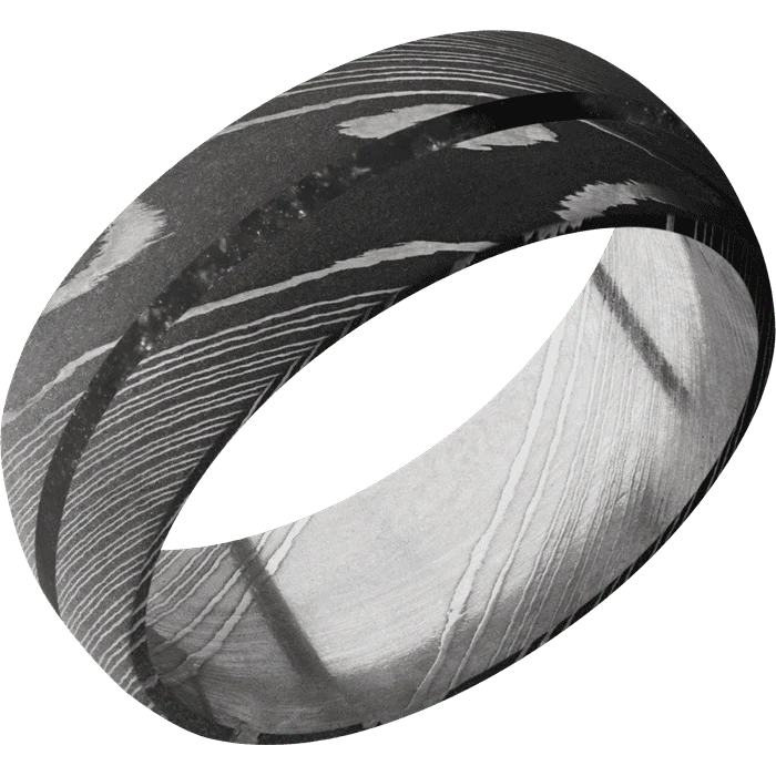 8mm wide Domed Damascus Steel Ring with Acid Damascus Finish / One 1mm Centered Black Onyx Inlay