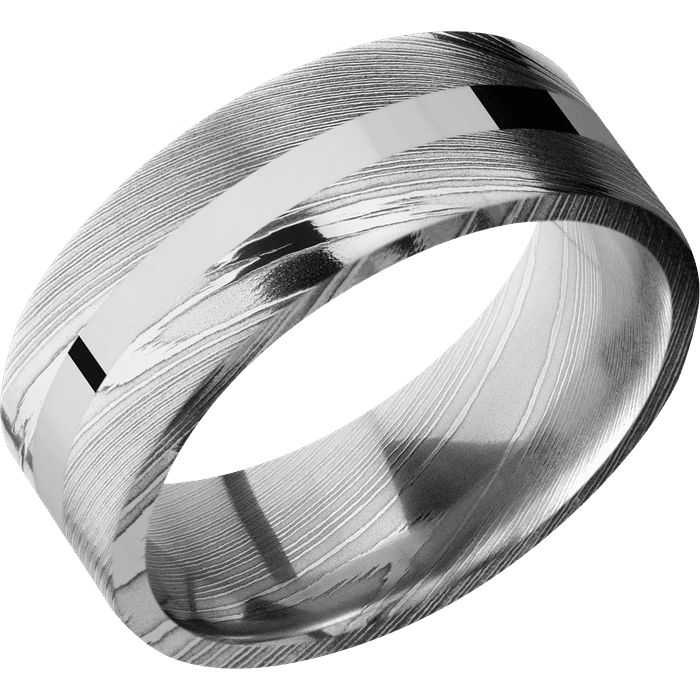 8mm wide Flat Damascus Steel Ring with Polish Damascus Finish / One 2mm Centered 14k White Gold Inlay with Polish Finish