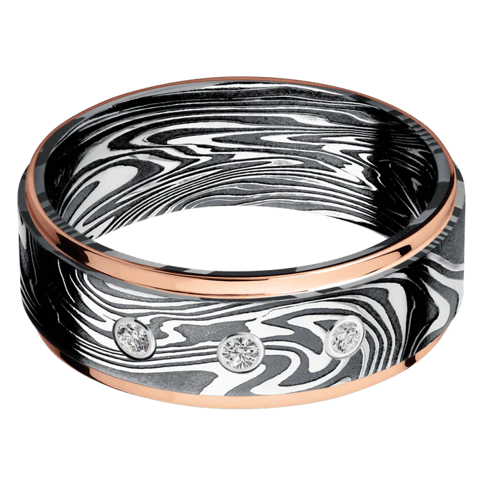 8mm wide Flat Grooved Edges Kinetic Damascus Steel Ring with Tumble Kuro Damascus Finish / Two 1mm Edge 14k Rose Gold Inlay with Polish Finish / 3 Round .03 carat Standard Lab Grown Diamond Bezel-Set Gemstones - Image 3