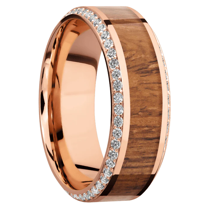 8mm wide High Bevel 14k Rose Gold Ring with Polish Finish / Bevel Eternity Round .01 carat Lab Grown Diamond Bead-Set Gemstones / One 4mm Centered Desert Iron Wood Inlay - Image 2