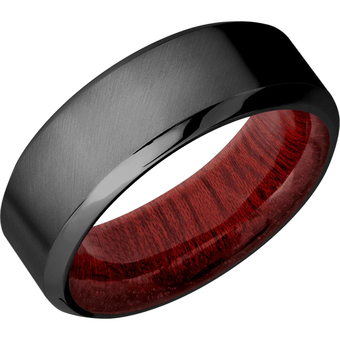 8mm wide High Bevel Black Titanium Ring with Angle Satin Finish / Blood Wood Sleeve