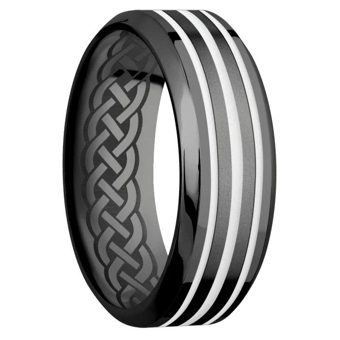 8mm wide High Bevel Black Titanium Ring with Polish Finish / One 3mm Centered Black Titanium Inlay with Bead Blast Finish and Snow White Cerakote Accents / One 1mm Centered Snow White Cerakote Inlay / None Interior Pattern - Image 2