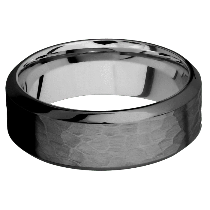 8mm wide High Bevel Black Zirconium Ring with Hammer Finish / Titanium Sleeve - Image 3