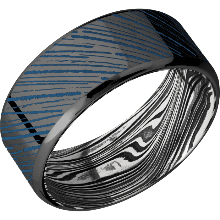 9mm wide Beveled Black Zirconium Ring with Polish Finish / Abstract Stripes 2 Design and Ridgeway Blue Cerakote Accents / Marble Damascus Steel Sleeve