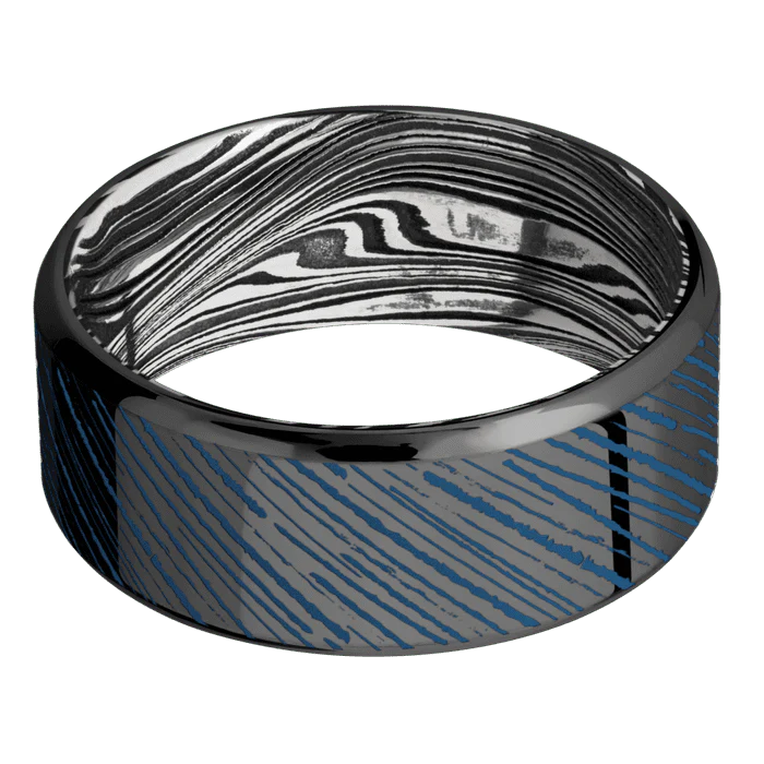 9mm wide Beveled Black Zirconium Ring with Polish Finish / Abstract Stripes 2 Design and Ridgeway Blue Cerakote Accents / Marble Damascus Steel Sleeve - Image 3