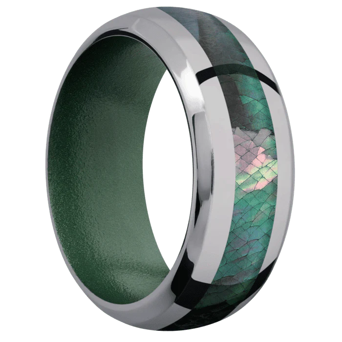 9mm wide Domed Bevel Tantalum Ring with Polish Finish / One 4mm Centered Black Mother of Pearl Inlay / Eastern Green Cerakote Sleeve - Image 2