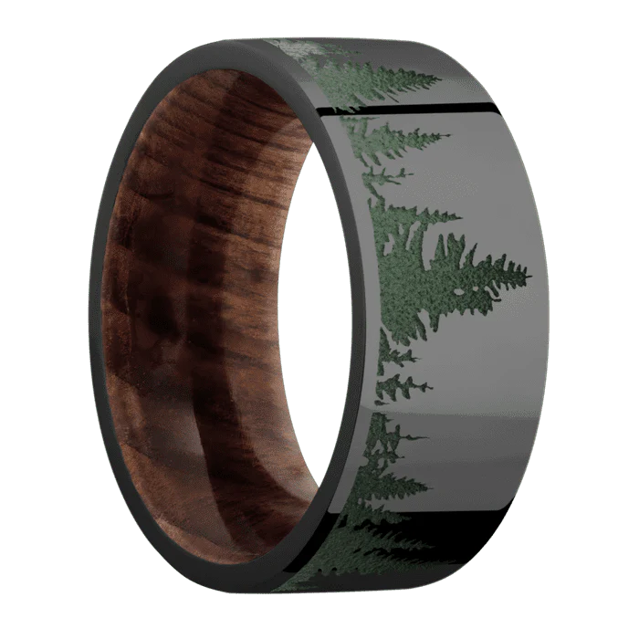 9mm wide Flat Black Zirconium Ring with Polish Finish / Trees Design and Highland Green Cerakote Accents / Sequoia Sleeve - Image 2