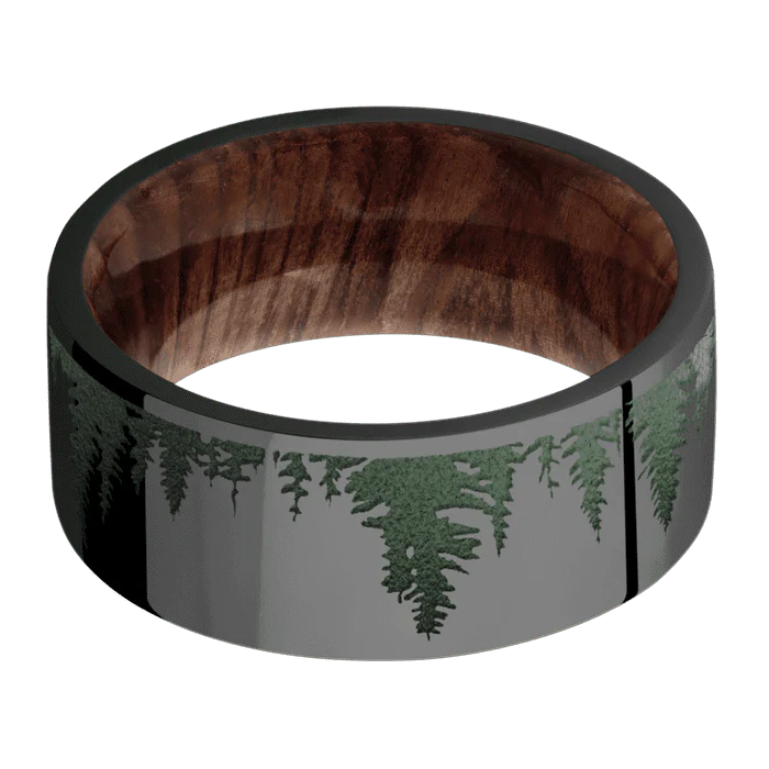 9mm wide Flat Black Zirconium Ring with Polish Finish / Trees Design and Highland Green Cerakote Accents / Sequoia Sleeve - Image 3