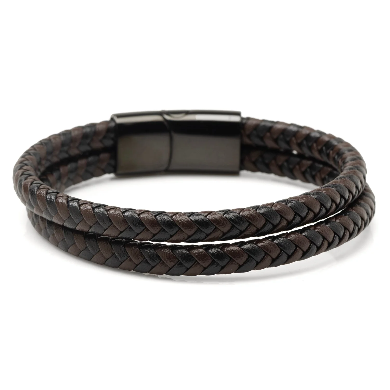 Black and Brown Braided Leather Bracelet with Gunmetal Stainless Steel Magnetic Clasp - Image 2