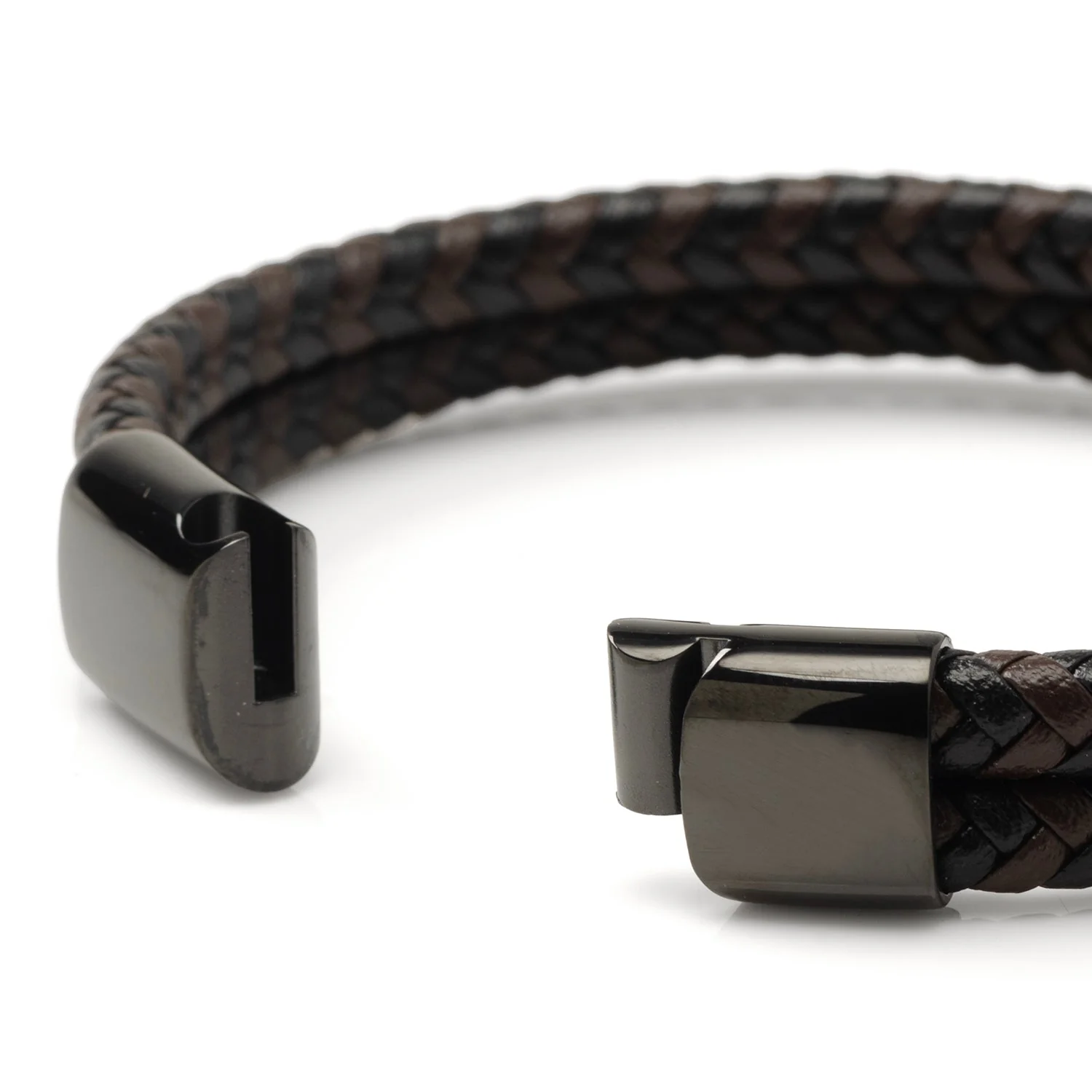 Black and Brown Braided Leather Bracelet with Gunmetal Stainless Steel Magnetic Clasp - Image 3
