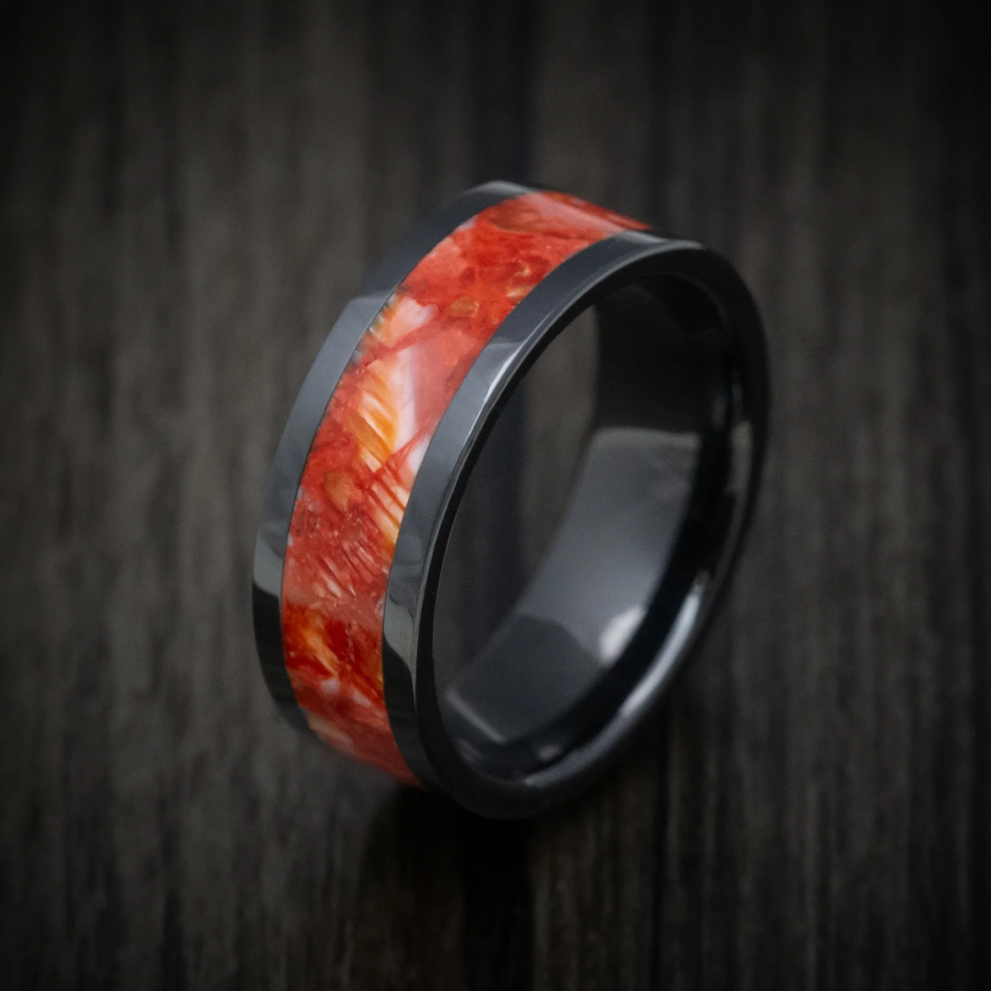 Black Ceramic Men's Ring with Red Spiny Oyster Stone Inlay - Image 3