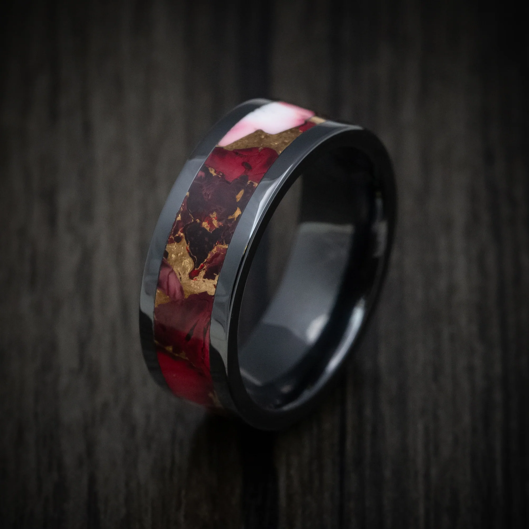 Black Ceramic Men's Ring with Rose Dolamite Stone and Bronze Inlay - Image 3