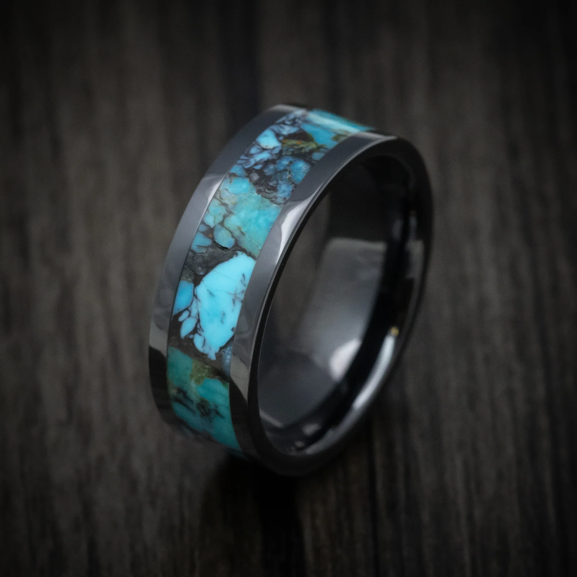 Black Ceramic Men's Ring with Turquoise Stone Inlay - Image 3