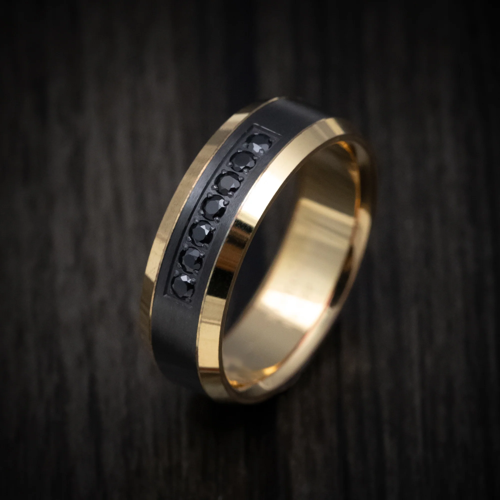 Black Titanium and 14K Yellow Gold Men's Ring with Black Diamonds - Image 3